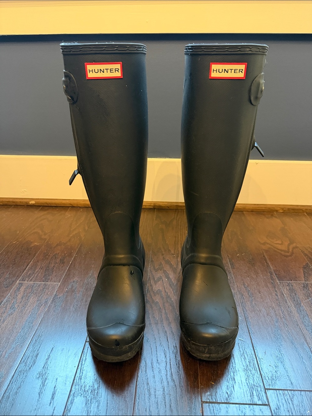 Hunter Black Tall Rubber Rain Boots with Red Logo Accent